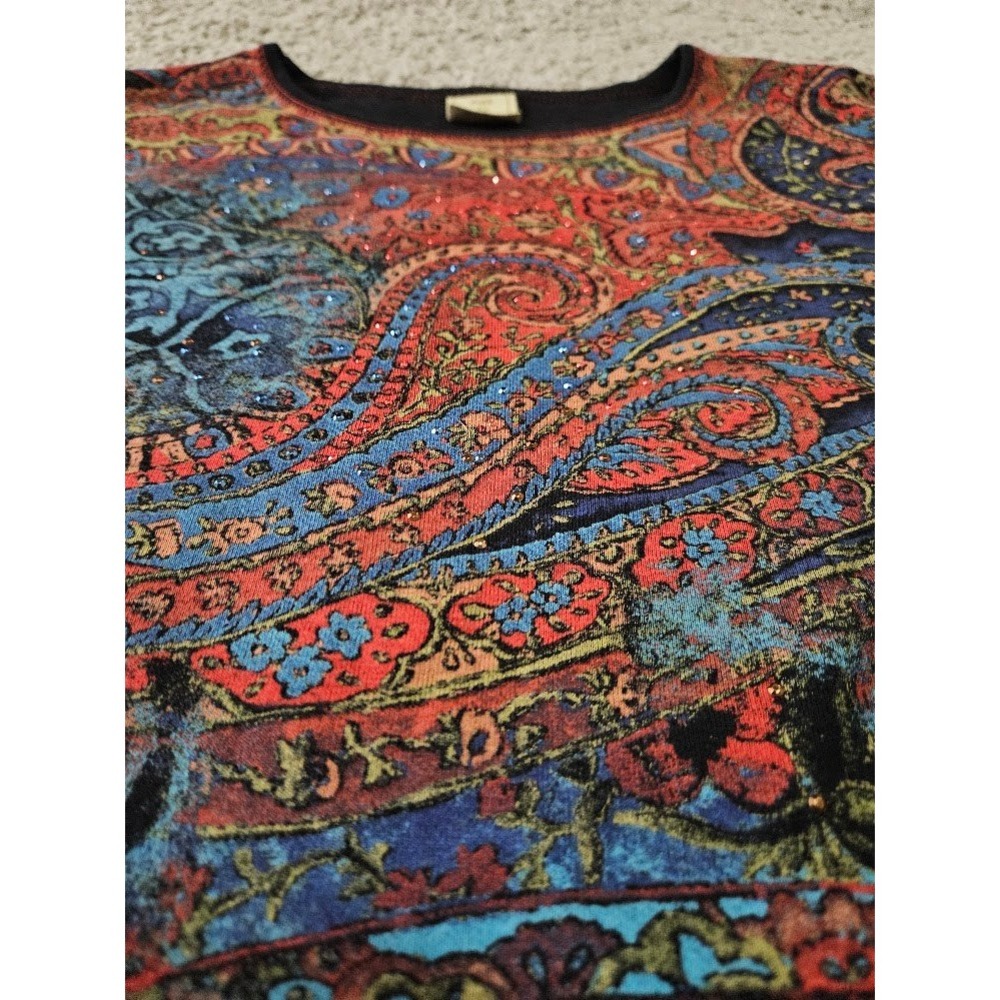 Jess & Jane Paisley Rhinestone 3/4 Sleeve Top Multicolor Knit Women Small Artsy - Picture 3 of 6